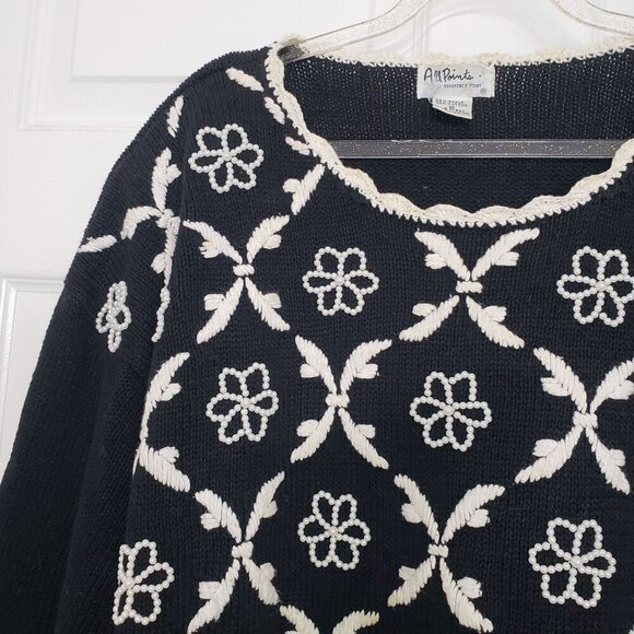 All Points Beaded Embroidered Sweater Vintage Floral Knit Womens Size Medium - Picture 2 of 10
